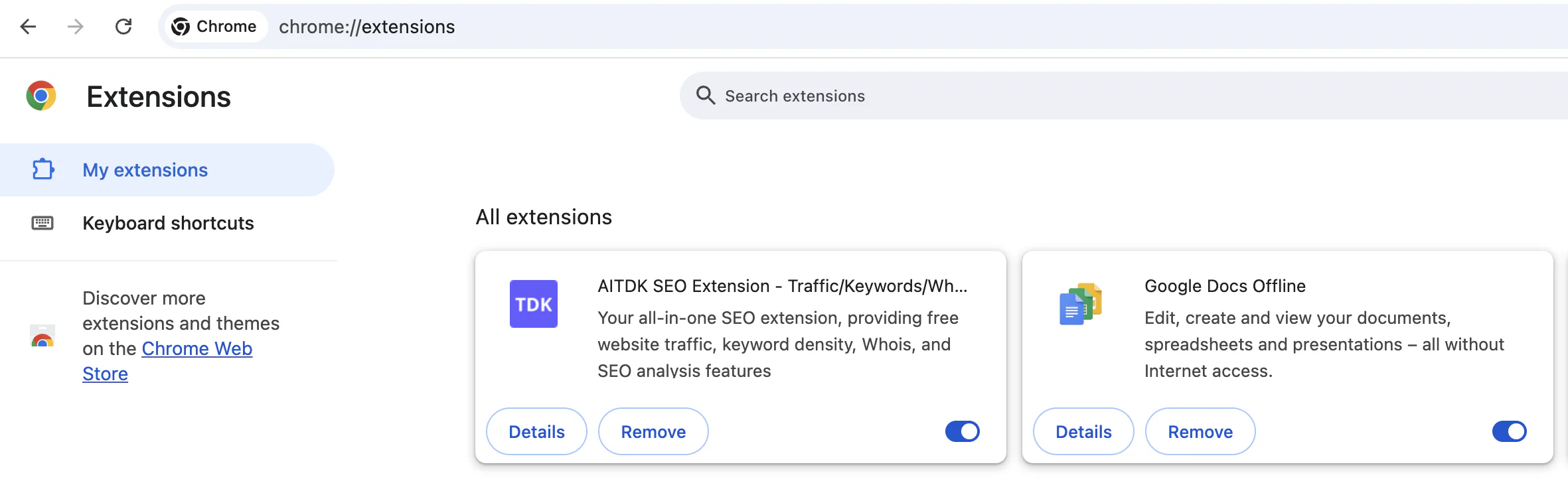 Chrome's extensions management page at chrome://extensions.