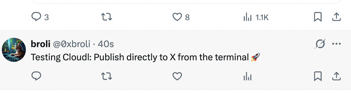The test post visible on X under broli, @0xbroli, with the text Testing Cloudl: Publish directly to X from the terminal.