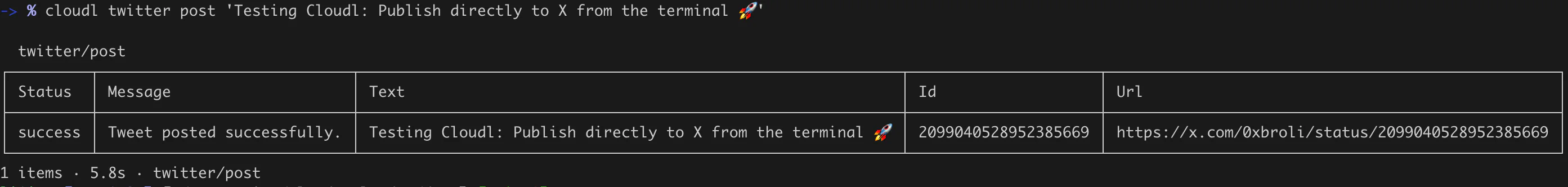 Cloudl terminal result reporting a successfully published X post and its URL.
