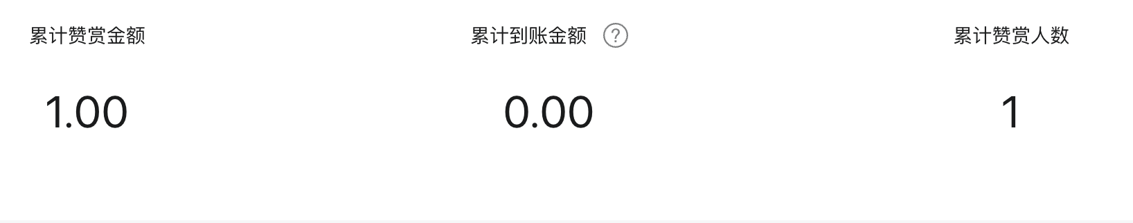 公众号赞赏记录：累计赞赏 1 元，赞赏人数 1 人，累计到账 0 元